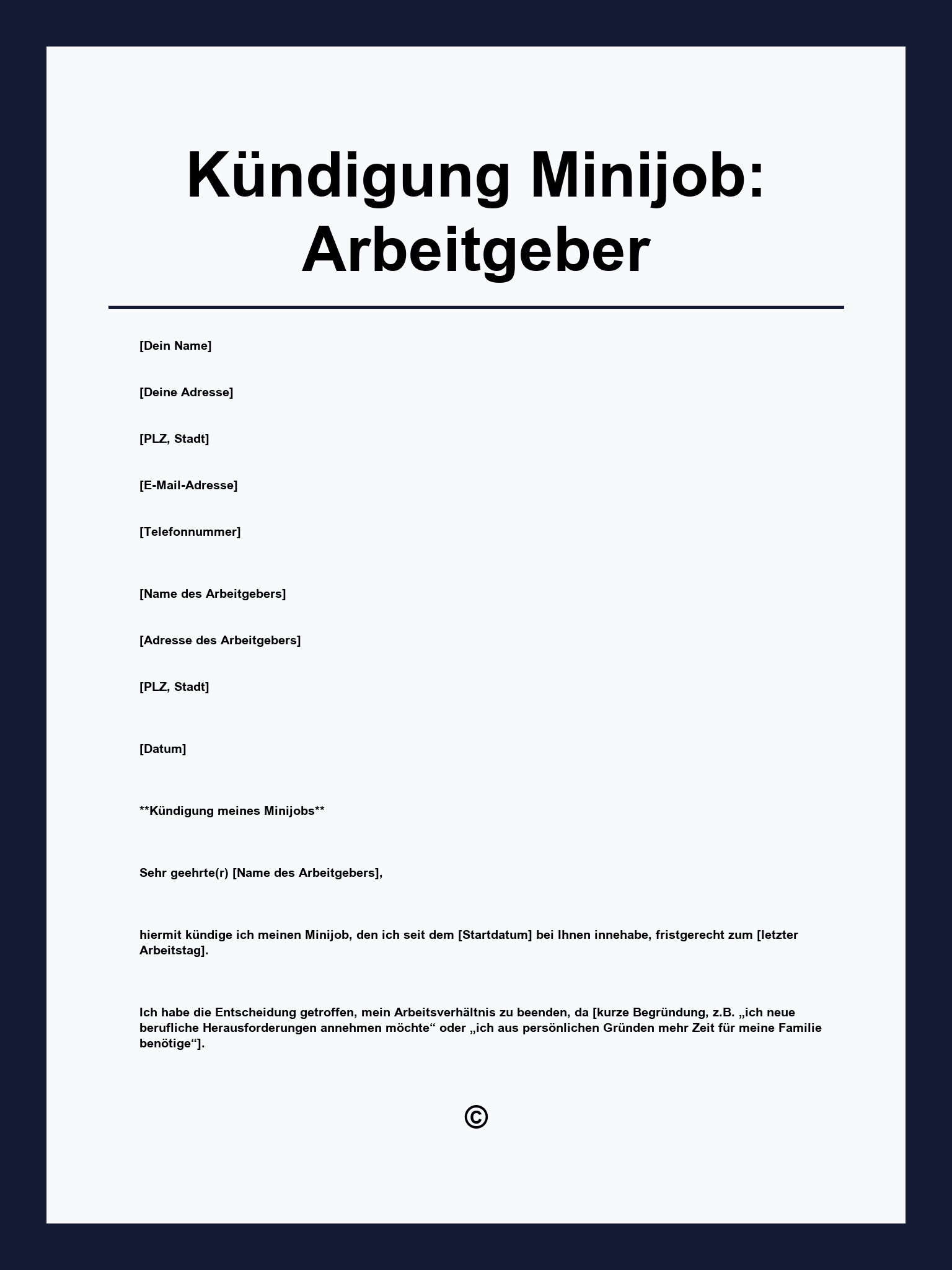Kündigung Minijob: Vorlage Arbeitgeber